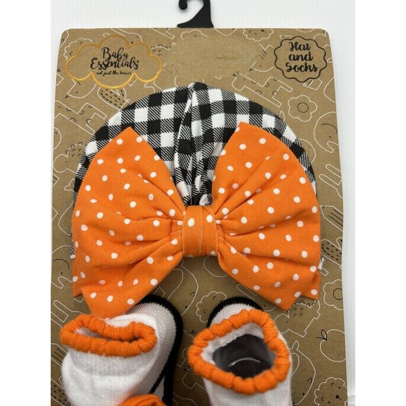 Fall Halloween Hat Socks Baby Girl Gift Set Orange Black Bow Polka Dots 0-6M New - Picture 2 of 7